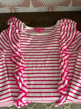 Lilly Pulitzer White & Hot Pink Striped Ruffle Sweater Top